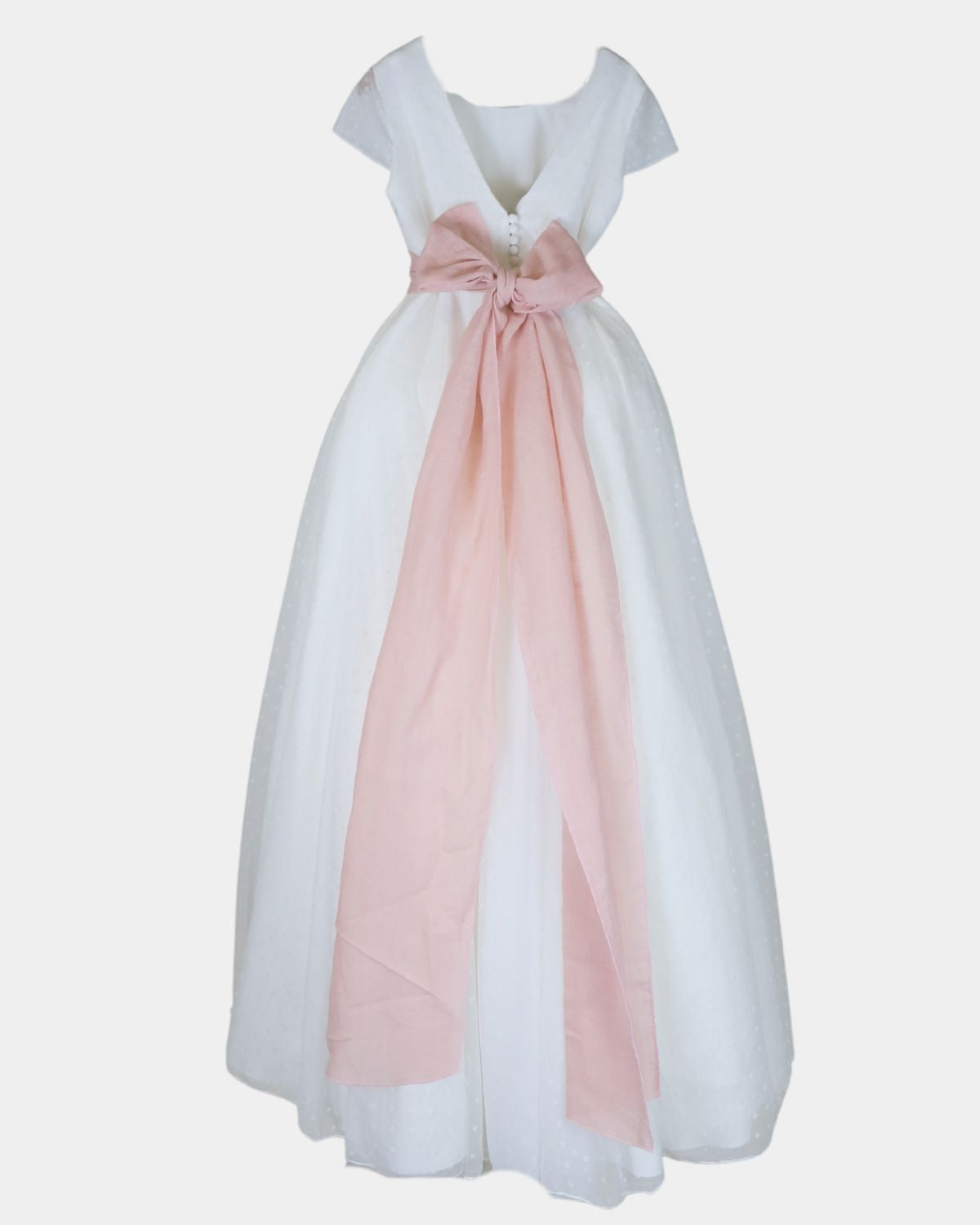 VESTIDO DE PLIEGUES CON SOBRE CAPA ENTERA DE TUL MARGARITAS